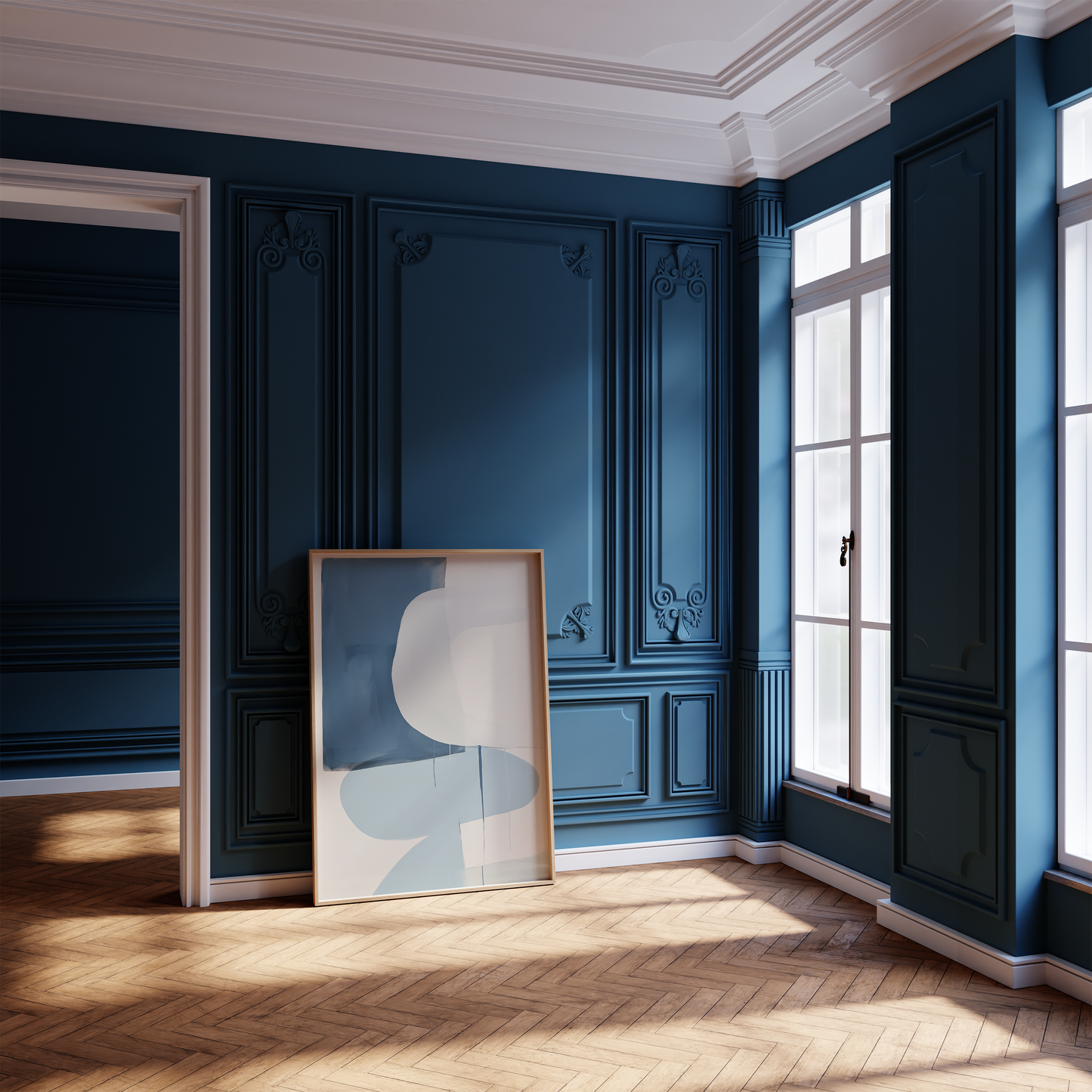 Abstract Blue and Beige Print - Modern Blue and White Fluid Shapes
