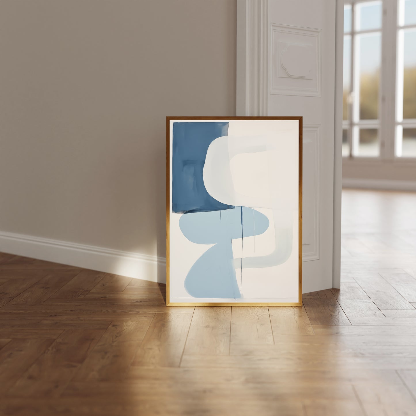 Abstract Blue and Beige Print - Modern Blue and White Fluid Shapes