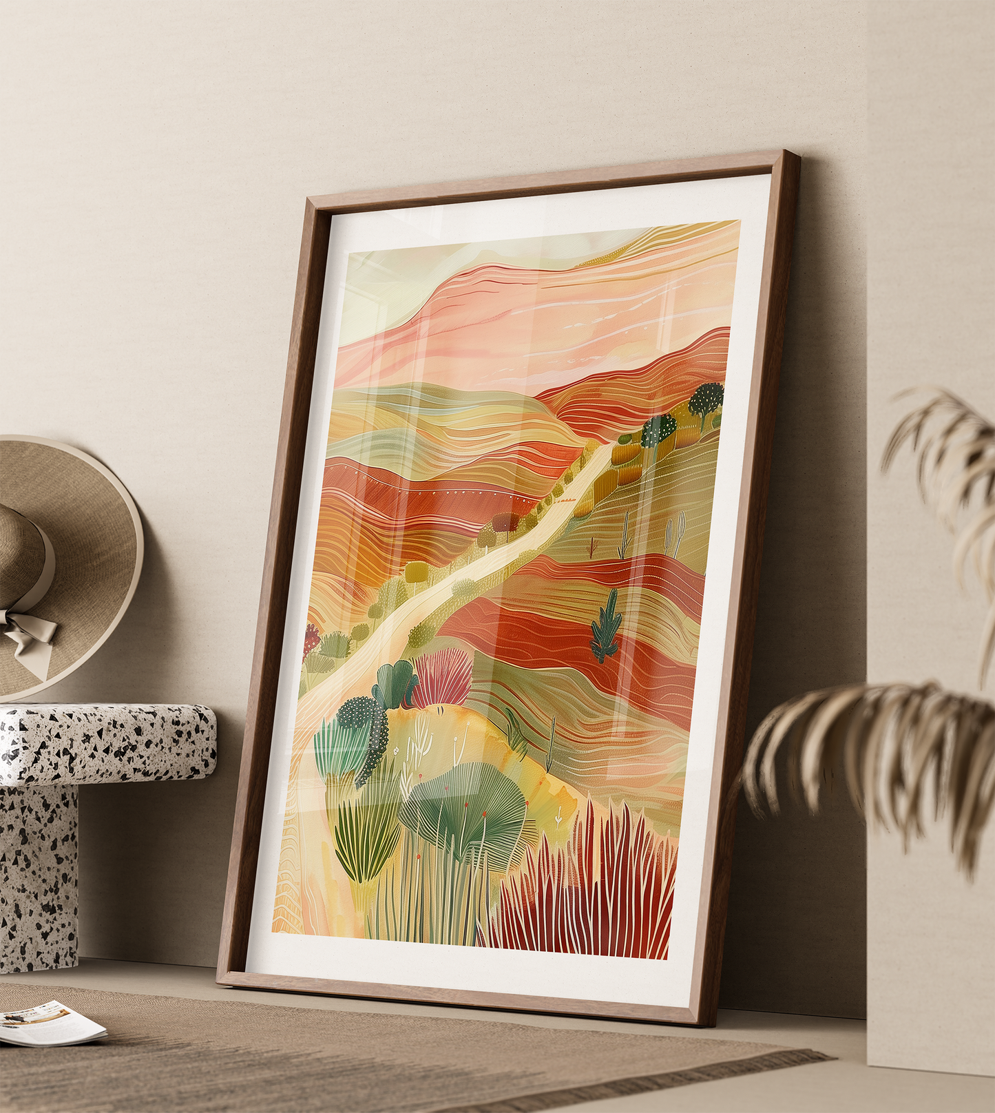 Serenity Desert Landscape Art Print - Warm Tones Nature Illustration