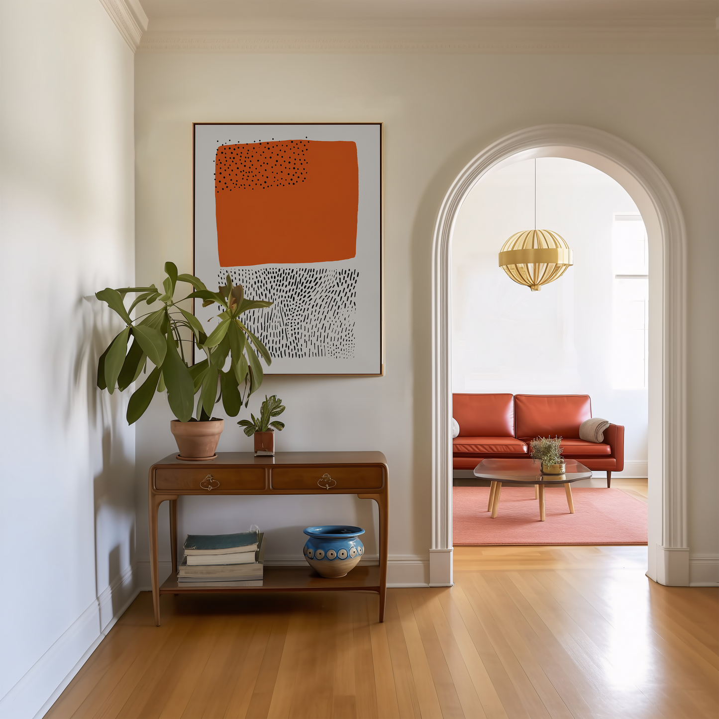 Abstract Mid-Century Modern Orange and Black Dotted Print