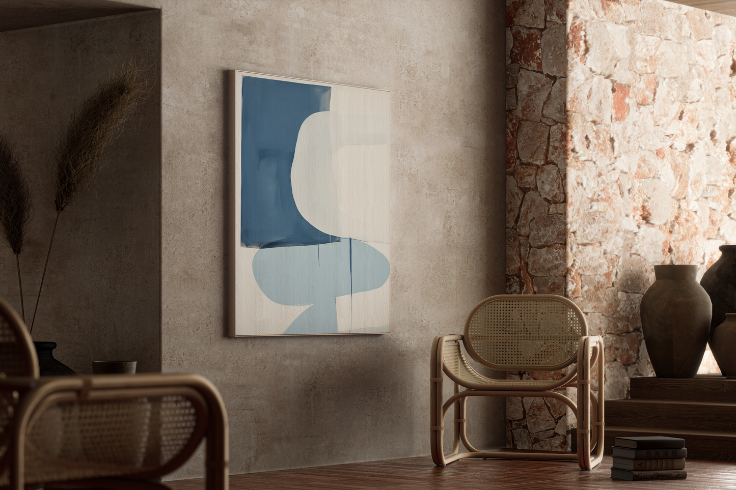 Abstract Blue and Beige Print - Modern Blue and White Fluid Shapes