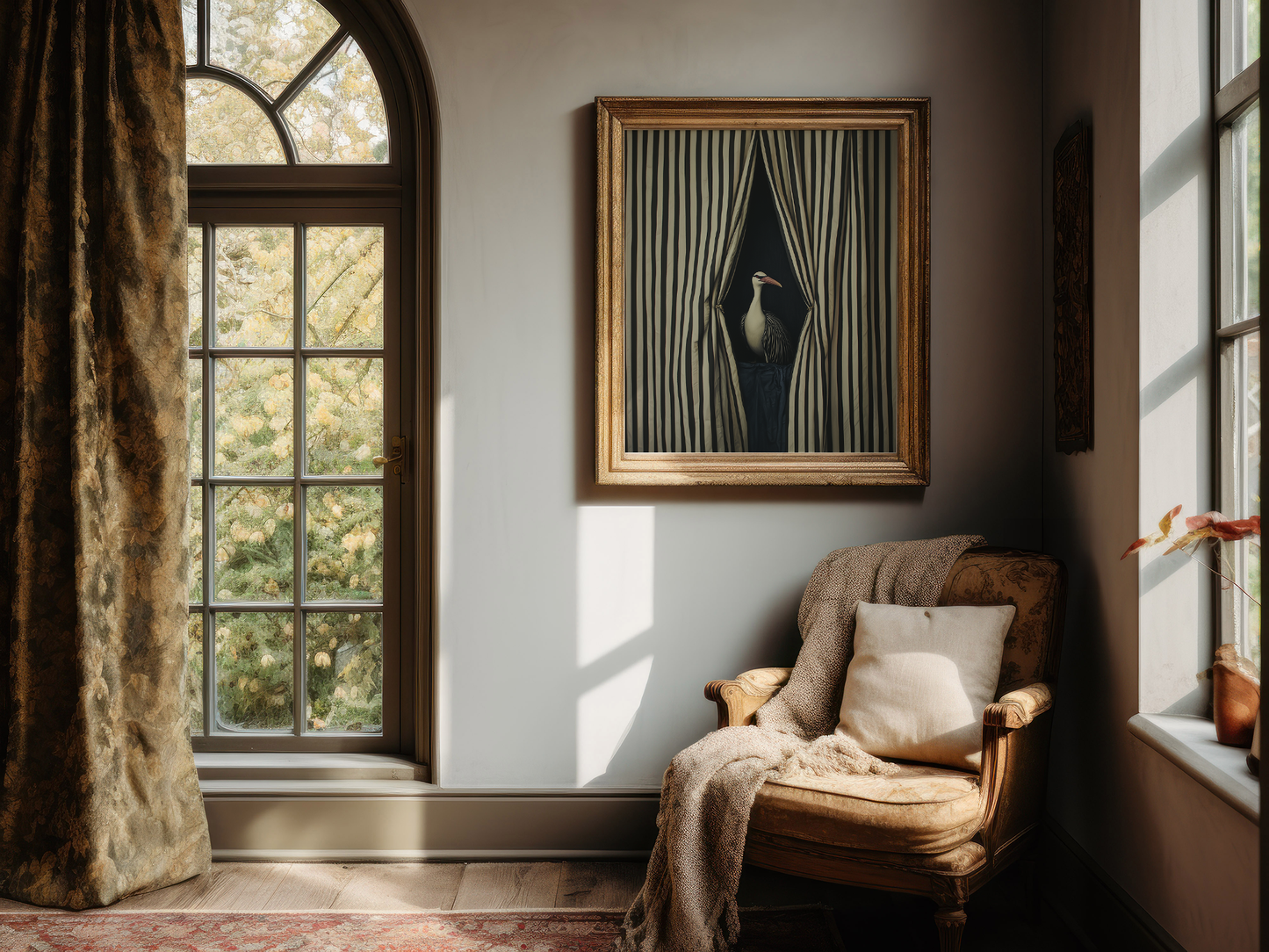 Bird Through the Striped Curtain - Modern Statement Artwork