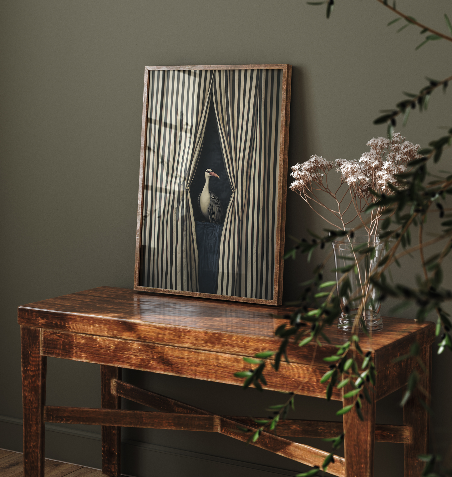 Bird Through the Striped Curtain - Modern Statement Artwork