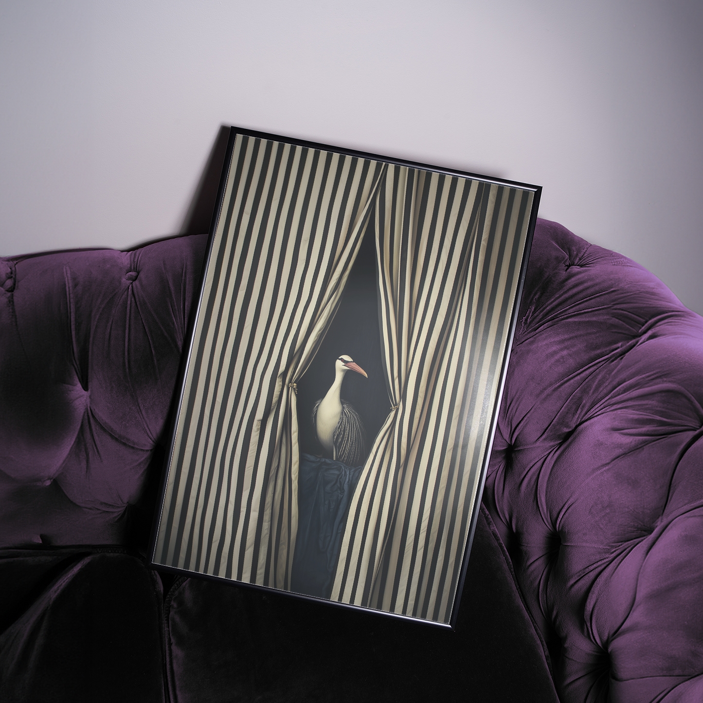Bird Through the Striped Curtain - Modern Statement Artwork
