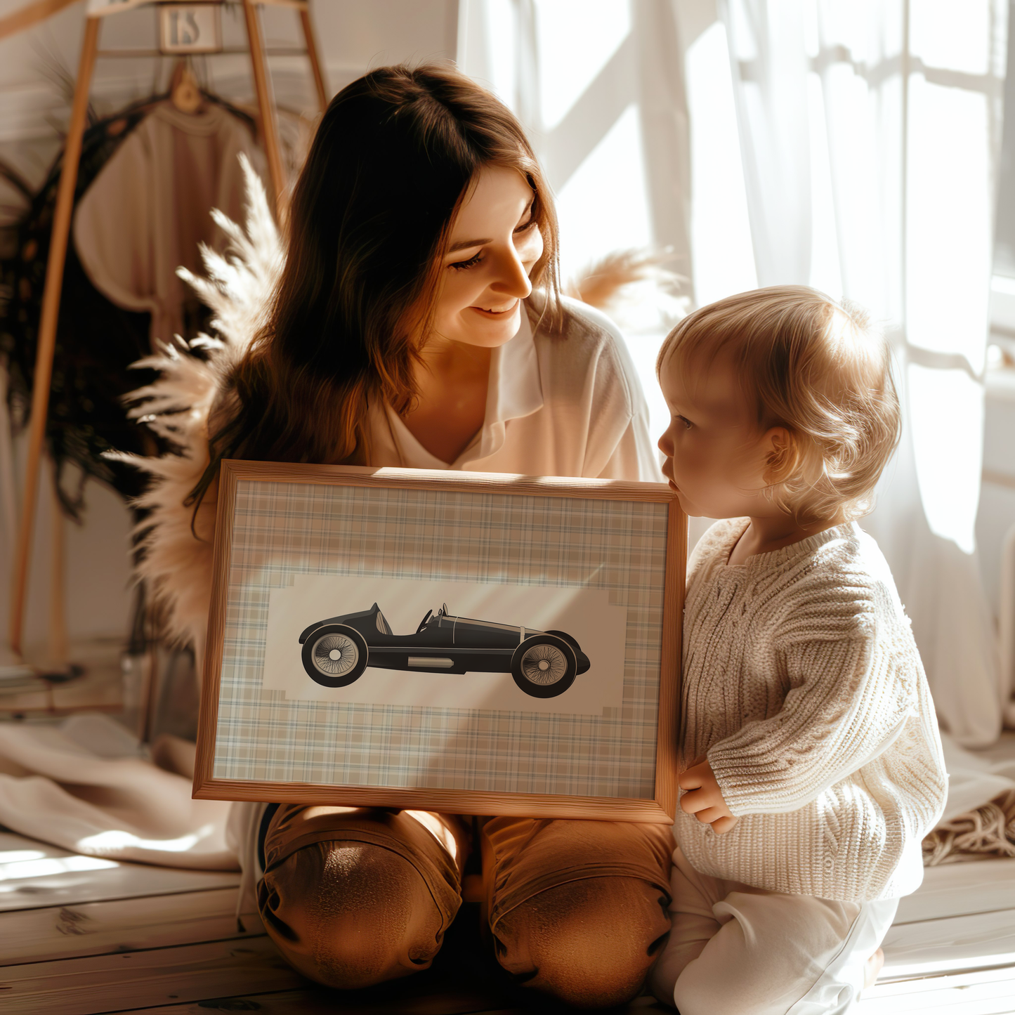Vintage Car for Kids Room - Plaid Nursery Wall Art