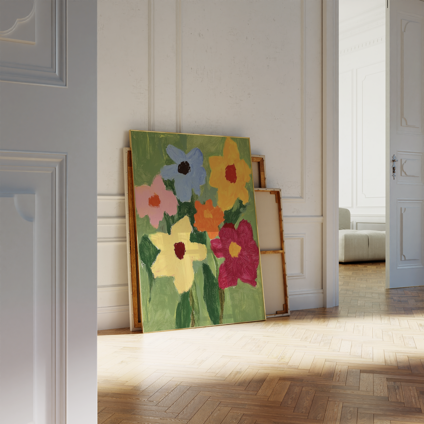 Vibrant Impressionist Floral Print on Green