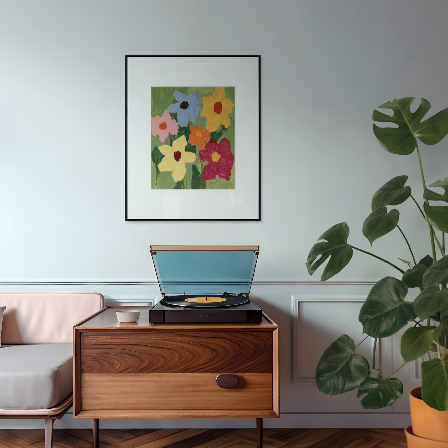 Vibrant Impressionist Floral Print on Green