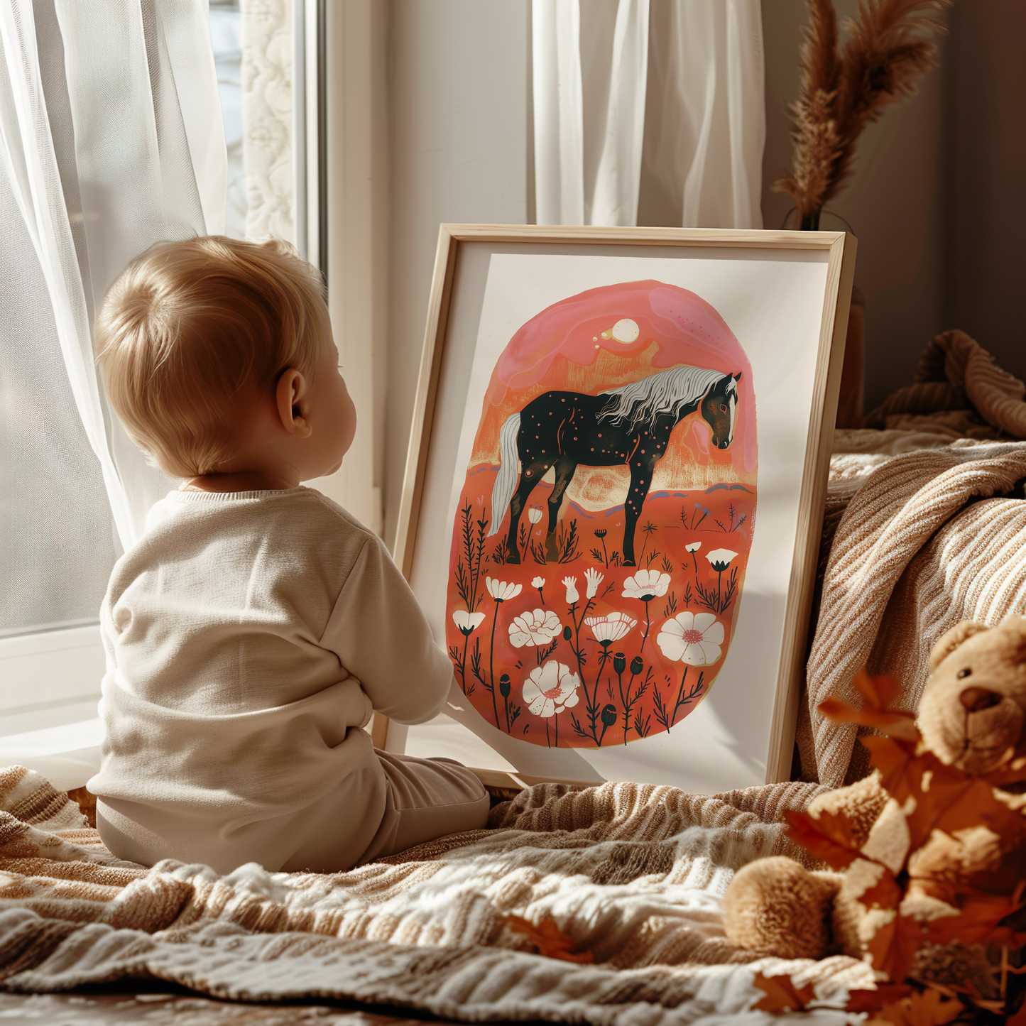 Bohemian Horse Art Print - Scandinavian and Southwestern Floral Decor