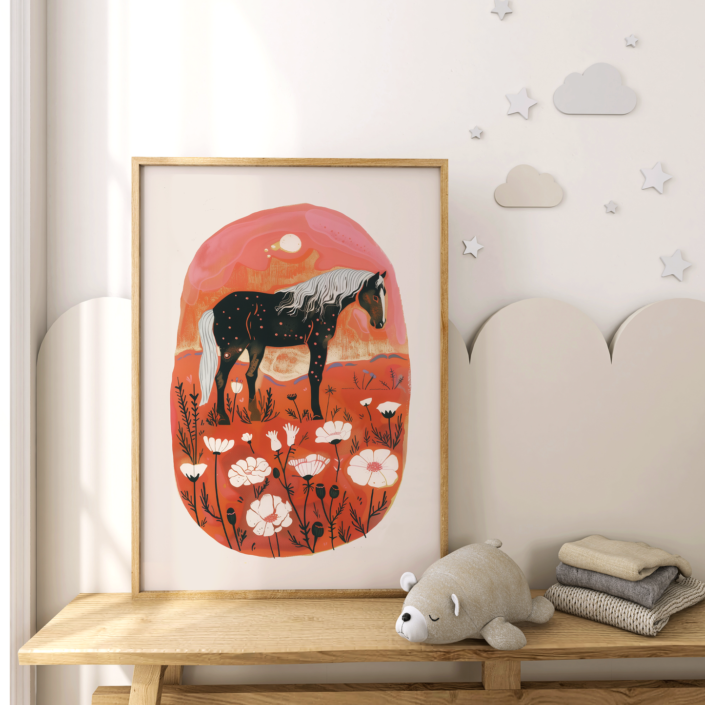 Bohemian Horse Art Print - Scandinavian and Southwestern Floral Decor
