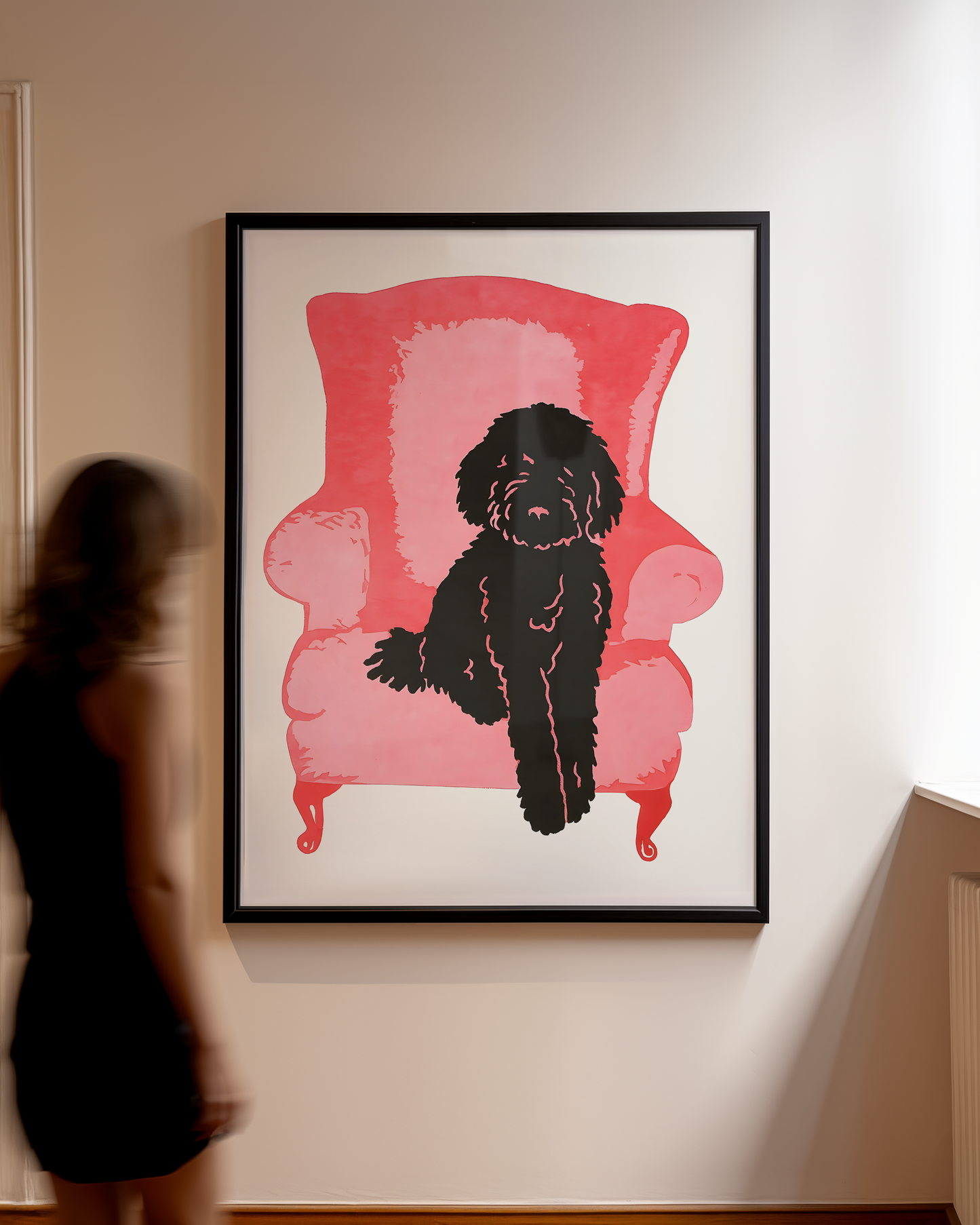 Black Labradoodle on Pink Couch