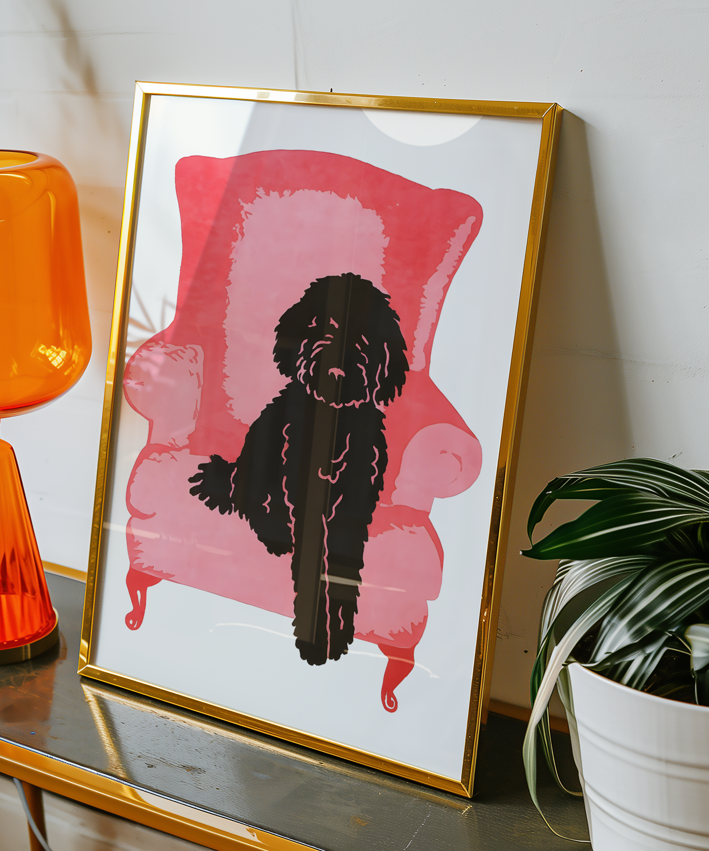 Black Labradoodle on Pink Couch