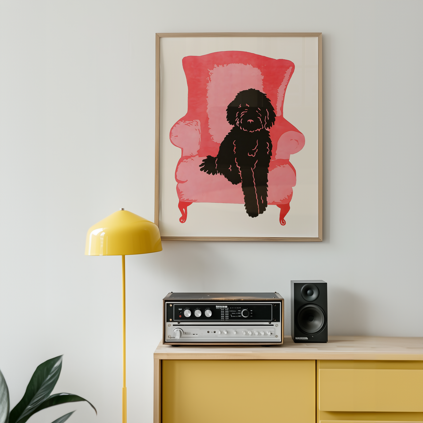 Black Labradoodle on Pink Couch
