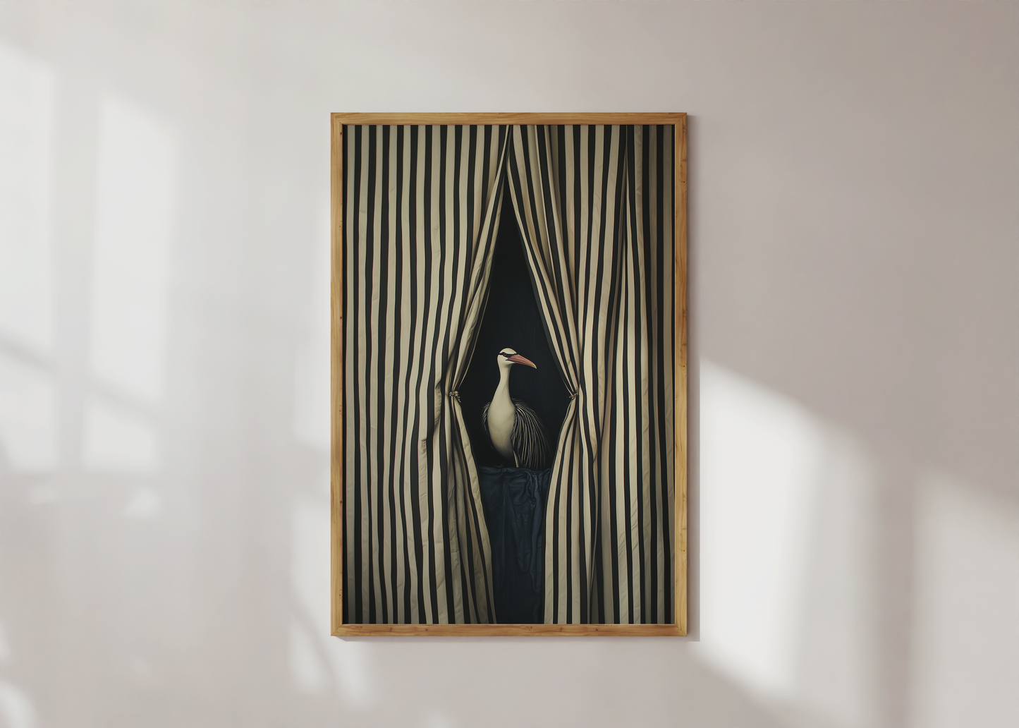 Bird Through the Striped Curtain - Modern Statement Artwork