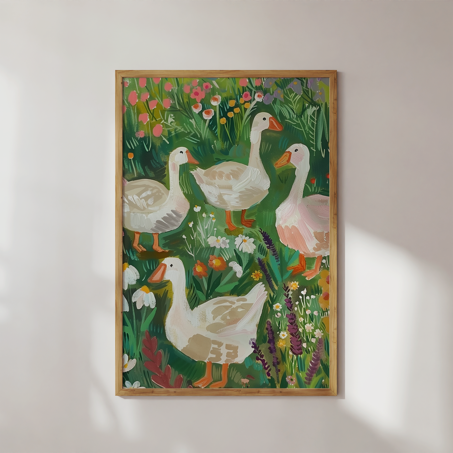 Whimsical Farmhouse Duck Art Print - Spring Floral Geese Painting