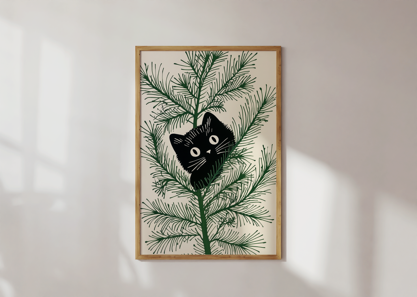 Whimsical Christmas Cat in Tree Art Print - Festive Minimalist Wall Decor
