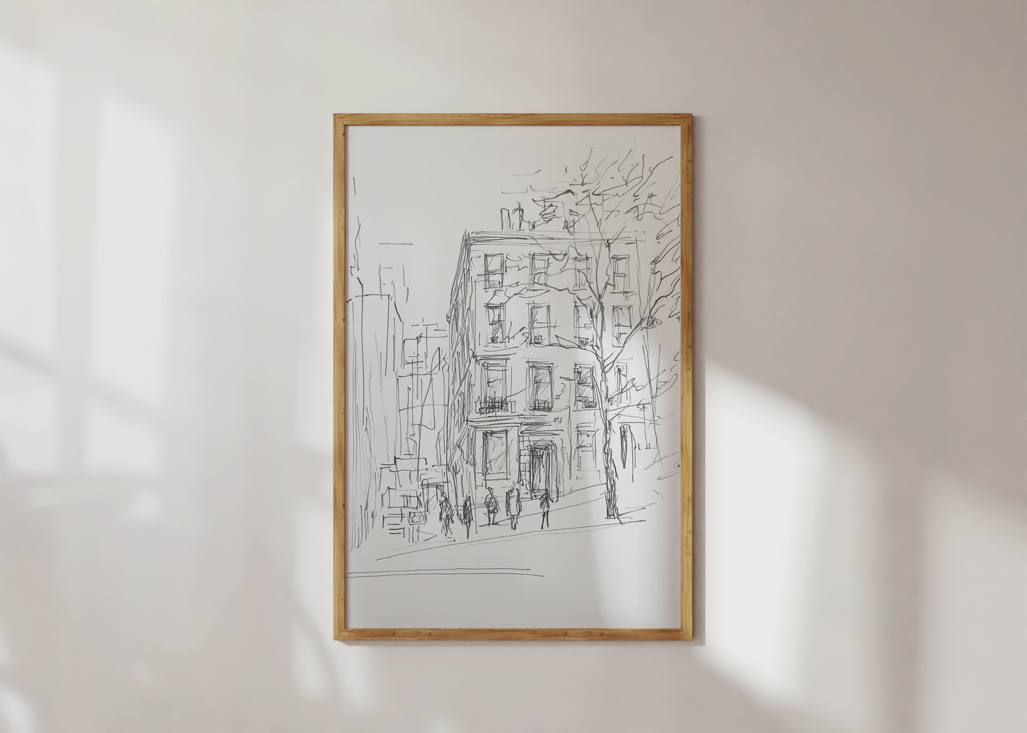 Charming Upper West Side Street Sketch - Minimalist Urban Artwork
