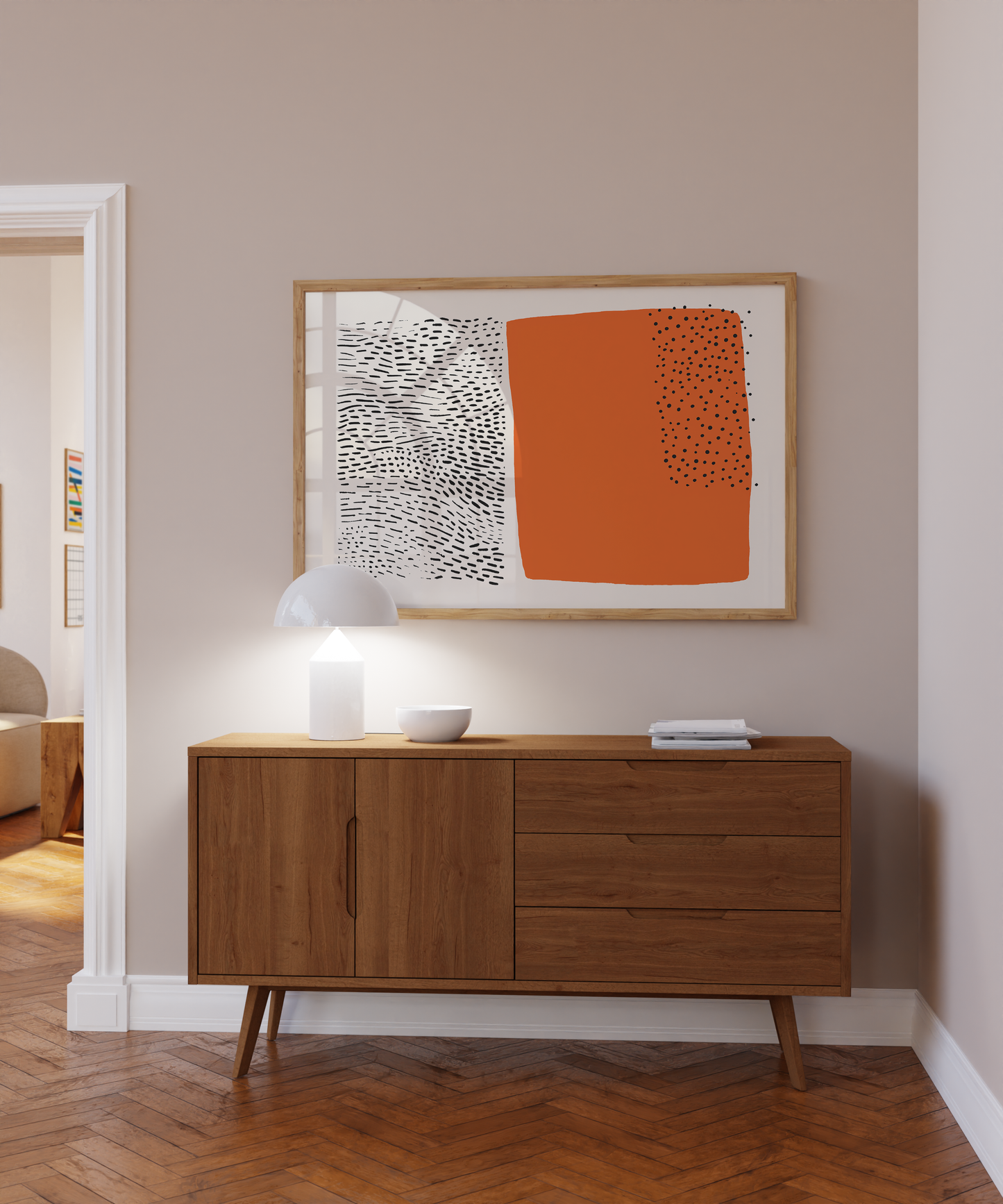 Abstract Mid-Century Modern Orange and Black Dotted Print