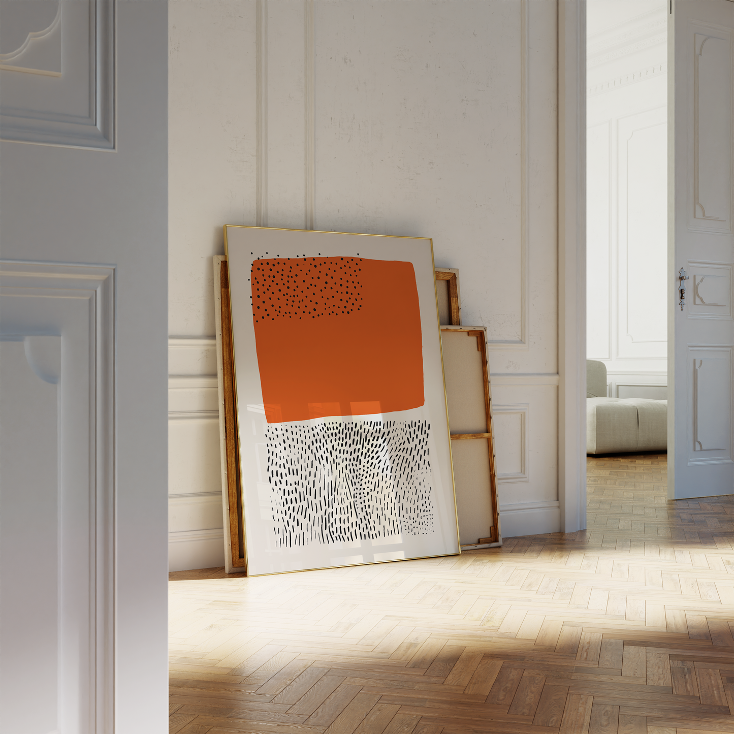 Abstract Mid-Century Modern Orange and Black Dotted Print