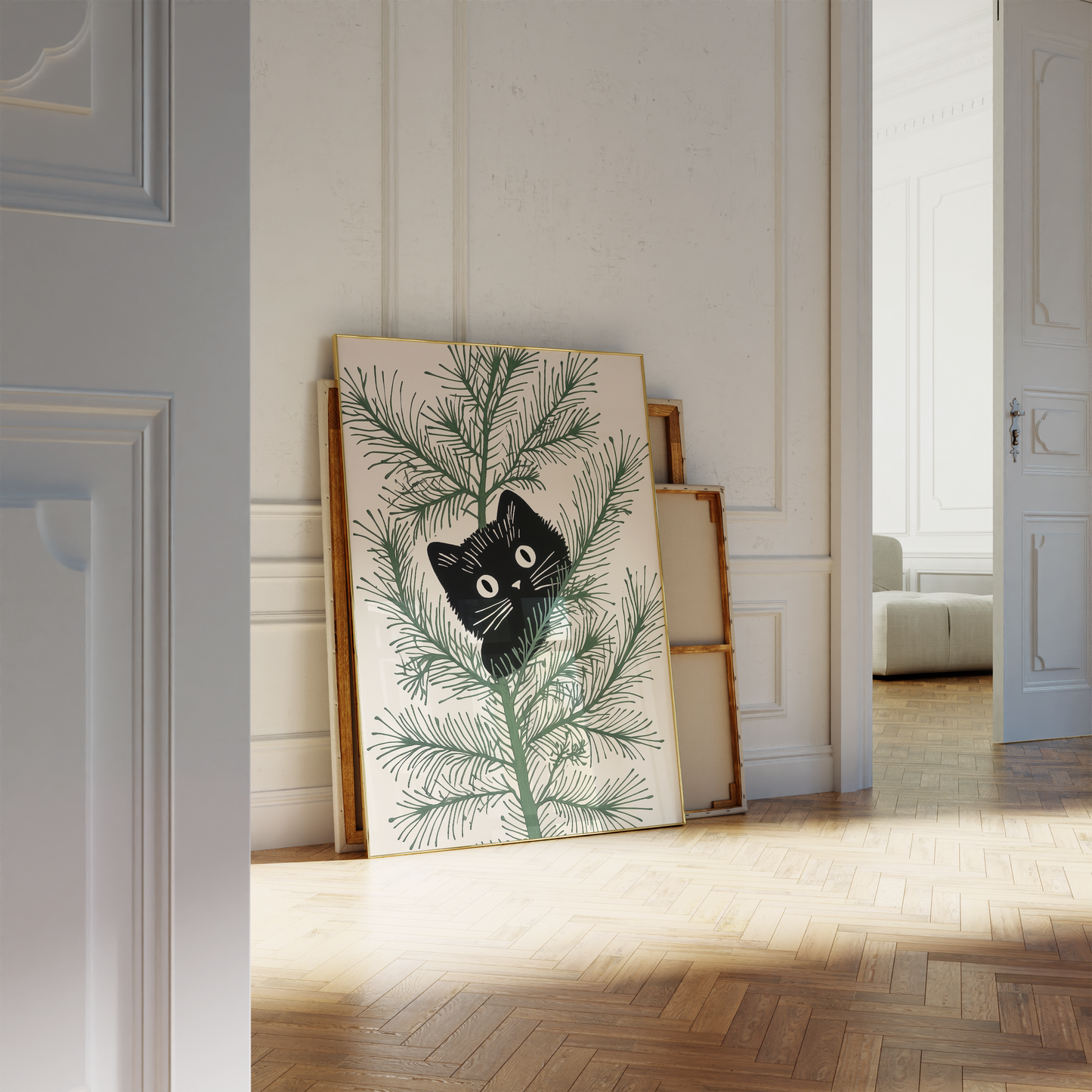 Whimsical Christmas Cat in Tree Art Print - Festive Minimalist Wall Decor