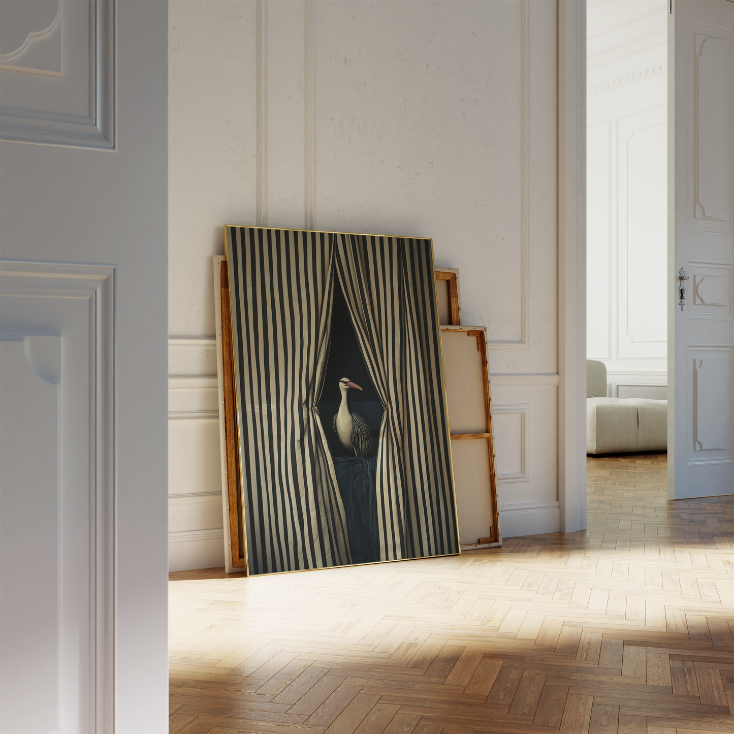 Bird Through the Striped Curtain - Modern Statement Artwork