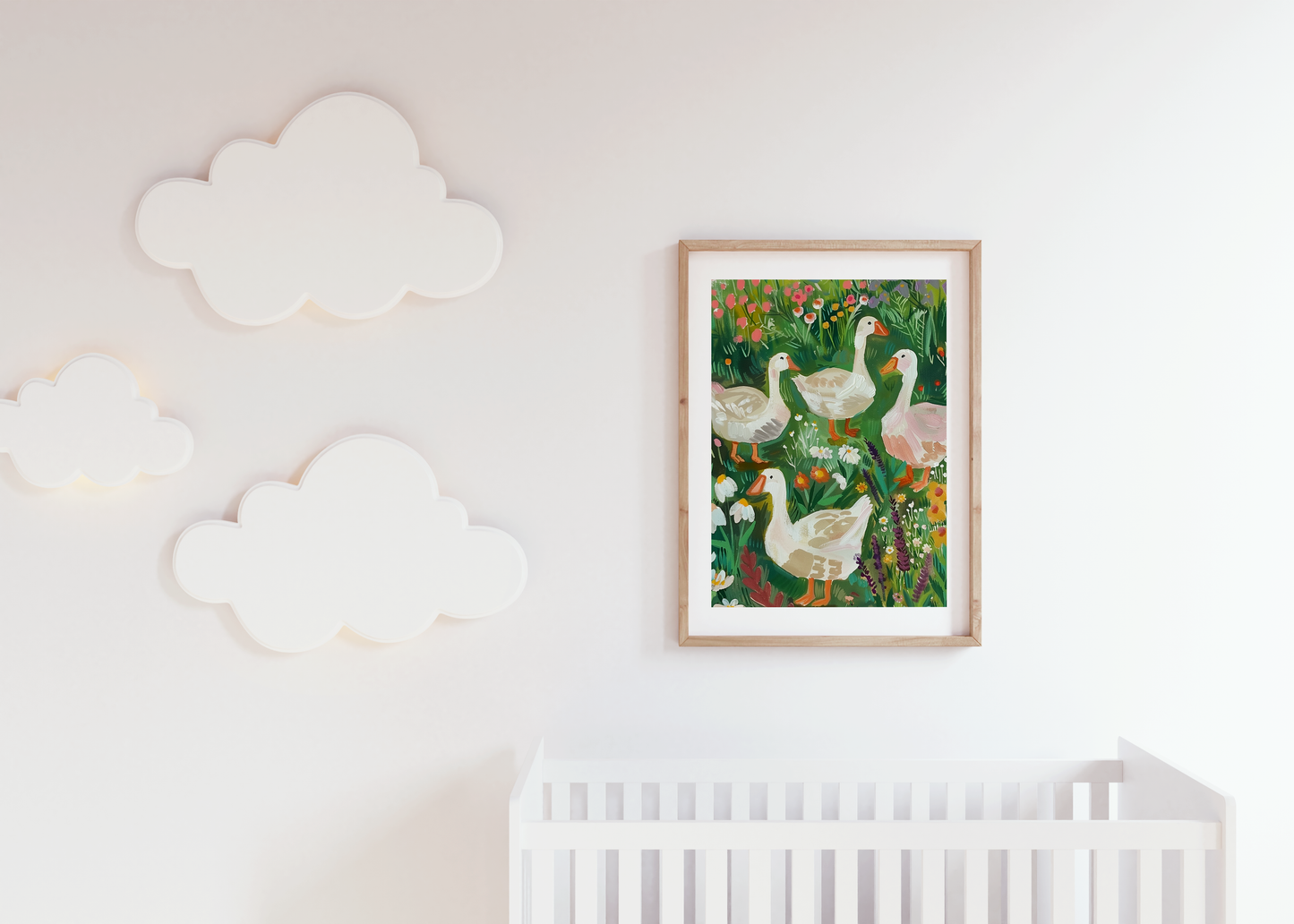 Whimsical Farmhouse Duck Art Print - Spring Floral Geese Painting