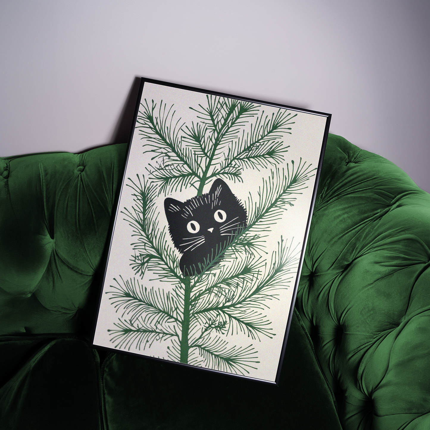 Whimsical Christmas Cat in Tree Art Print - Festive Minimalist Wall Decor