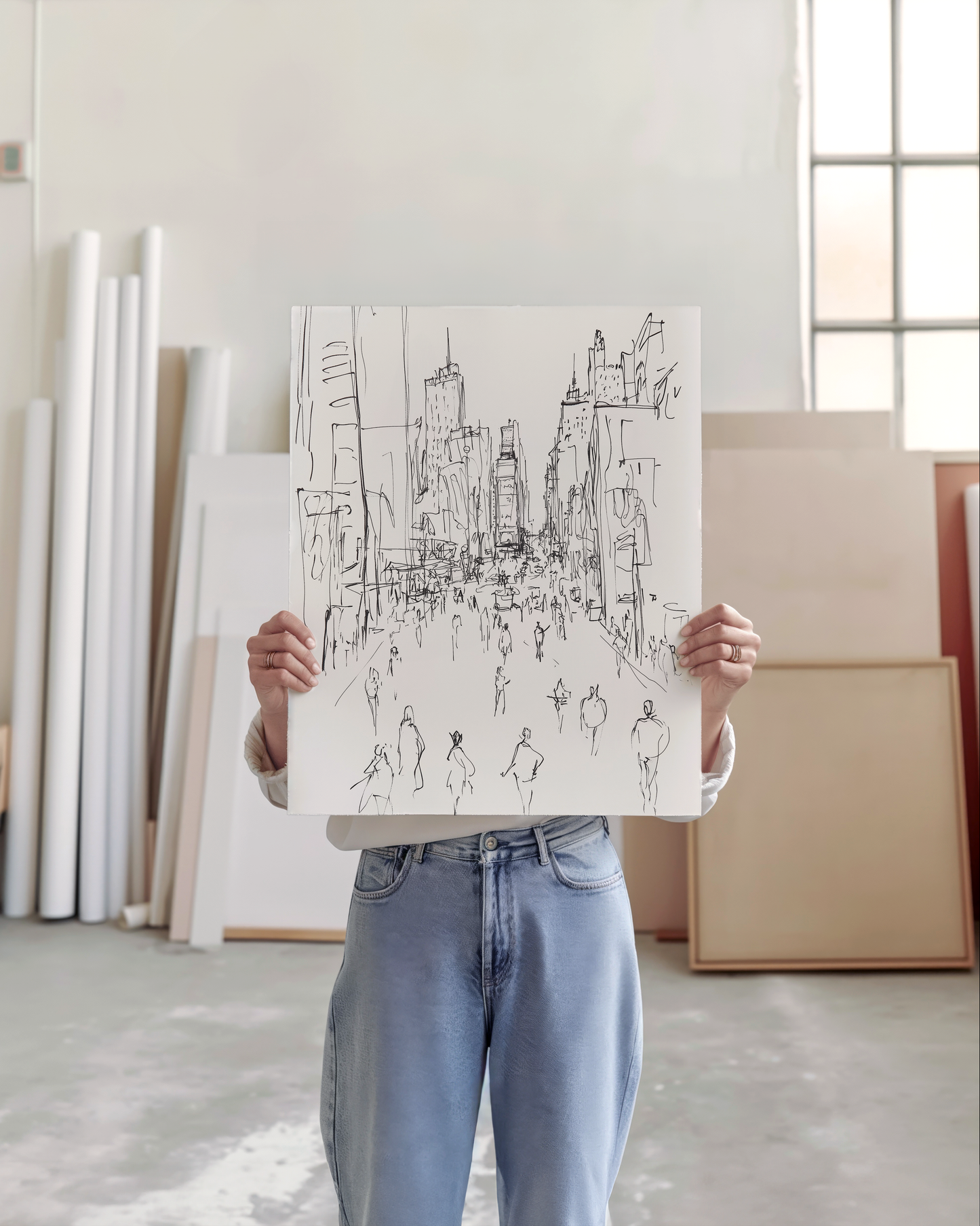 NY Times Square Cityscape Sketch - Minimalist New York Wall Art