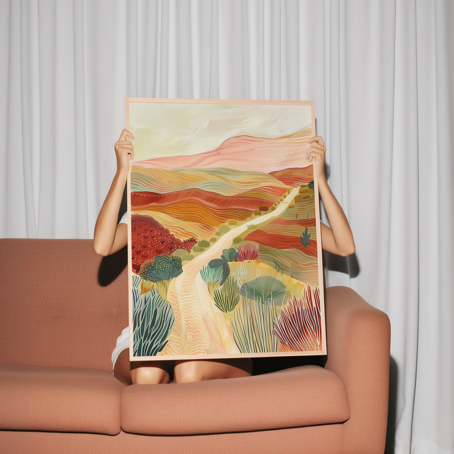 Serenity Desert Landscape Art Print - Warm Tones Nature Illustration