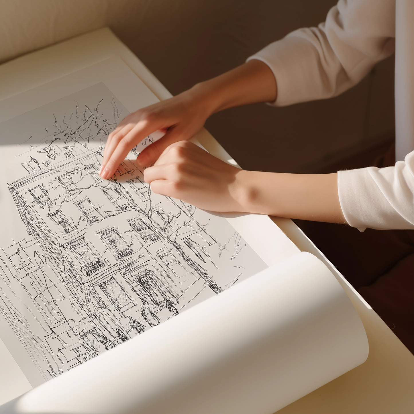 Charming Upper West Side Street Sketch - Minimalist Urban Artwork