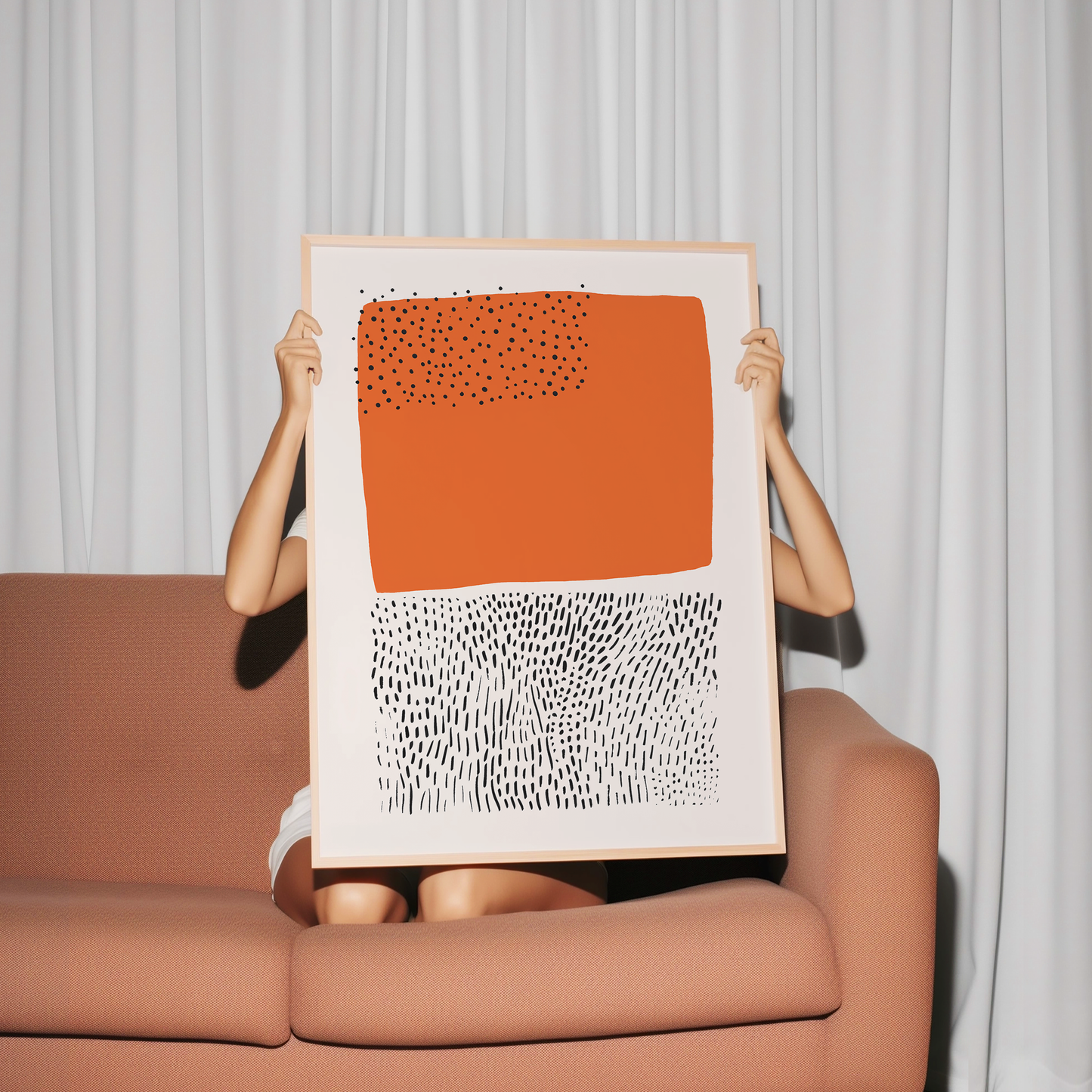 Abstract Mid-Century Modern Orange and Black Dotted Print
