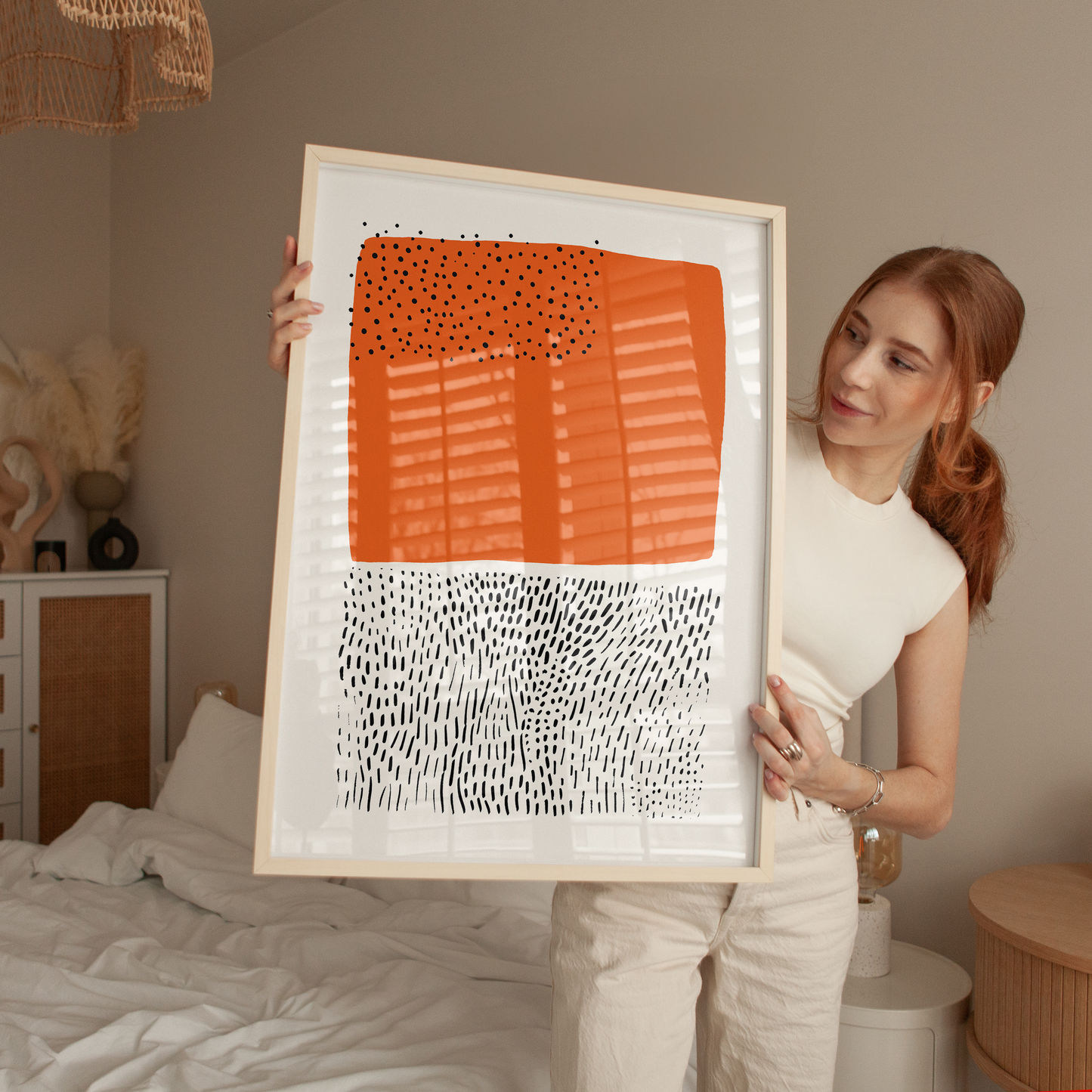 Abstract Mid-Century Modern Orange and Black Dotted Print