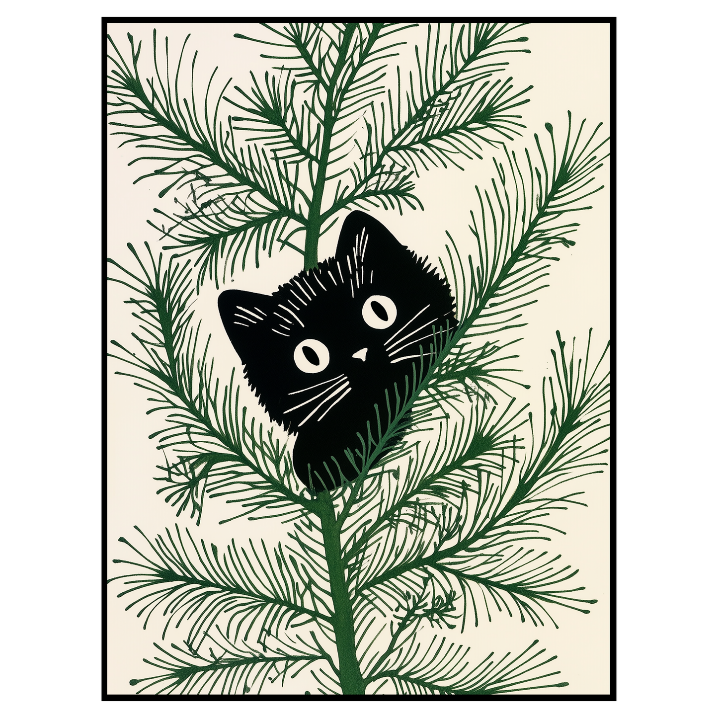 Whimsical Christmas Cat in Tree Art Print - Festive Minimalist Wall Decor