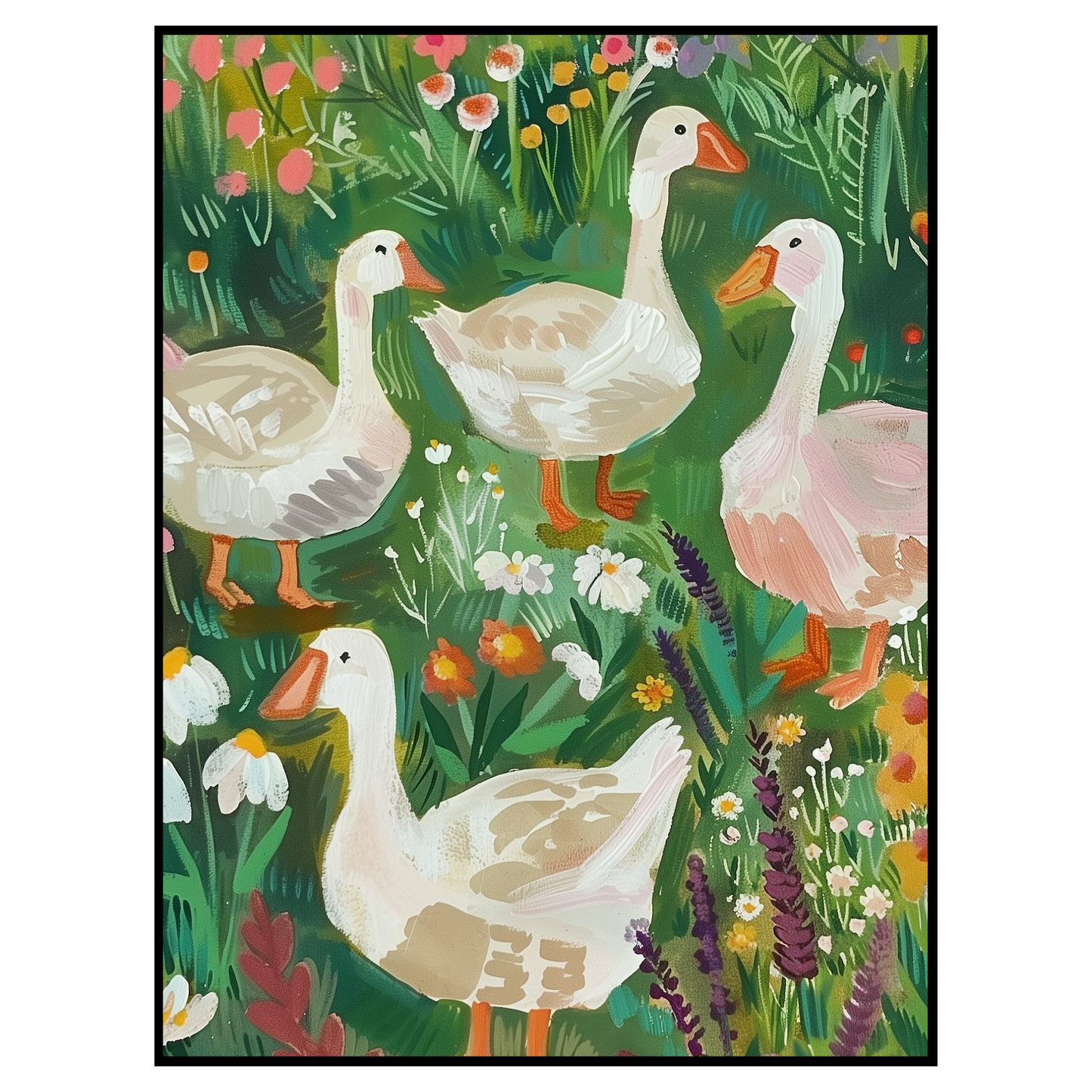 Whimsical Farmhouse Duck Art Print - Spring Floral Geese Painting