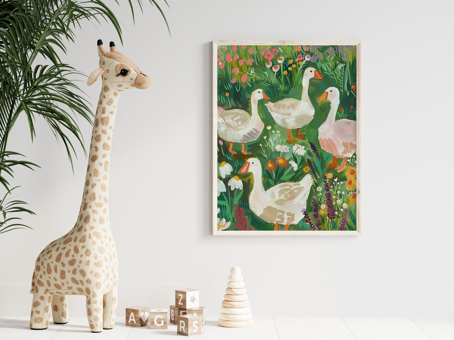 Whimsical Farmhouse Duck Art Print - Spring Floral Geese Painting