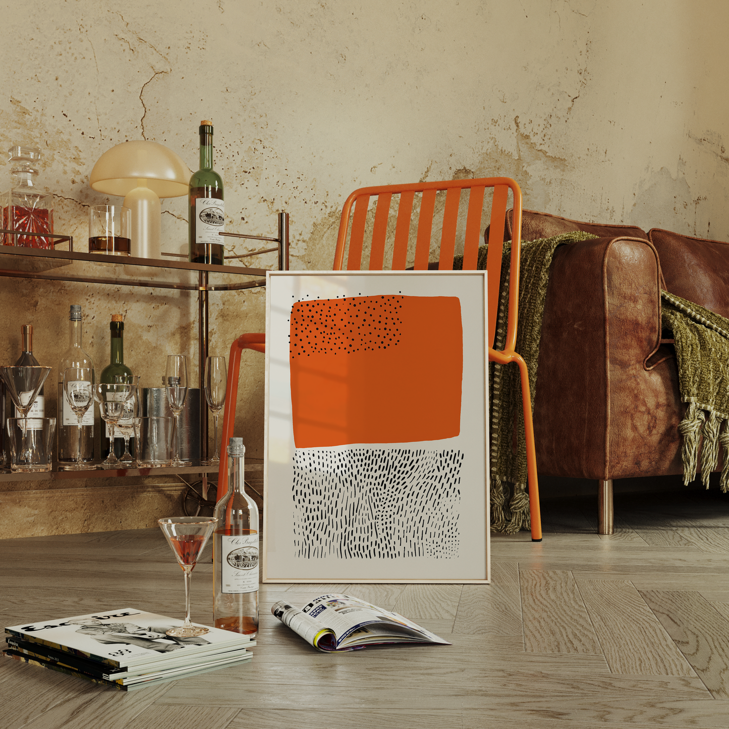 Abstract Mid-Century Modern Orange and Black Dotted Print