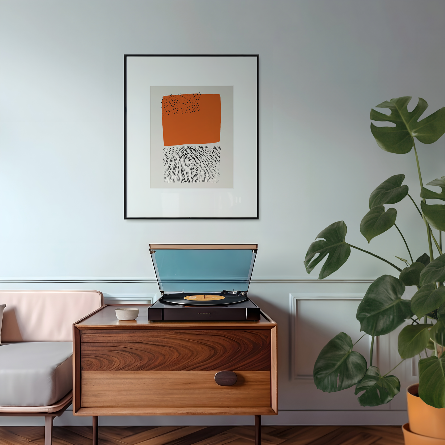 Abstract Mid-Century Modern Orange and Black Dotted Print