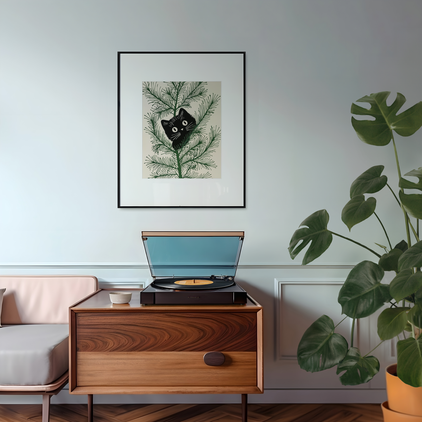 Whimsical Christmas Cat in Tree Art Print - Festive Minimalist Wall Decor