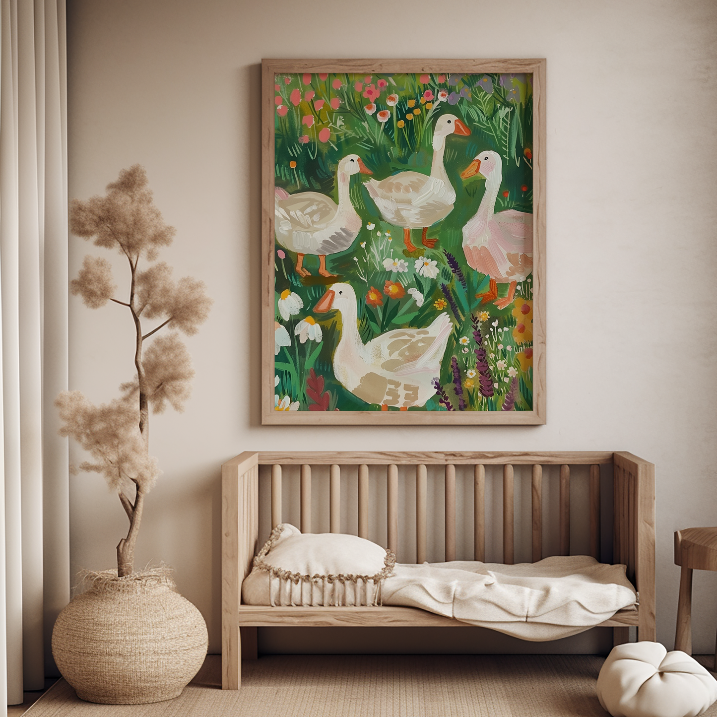 Whimsical Farmhouse Duck Art Print - Spring Floral Geese Painting
