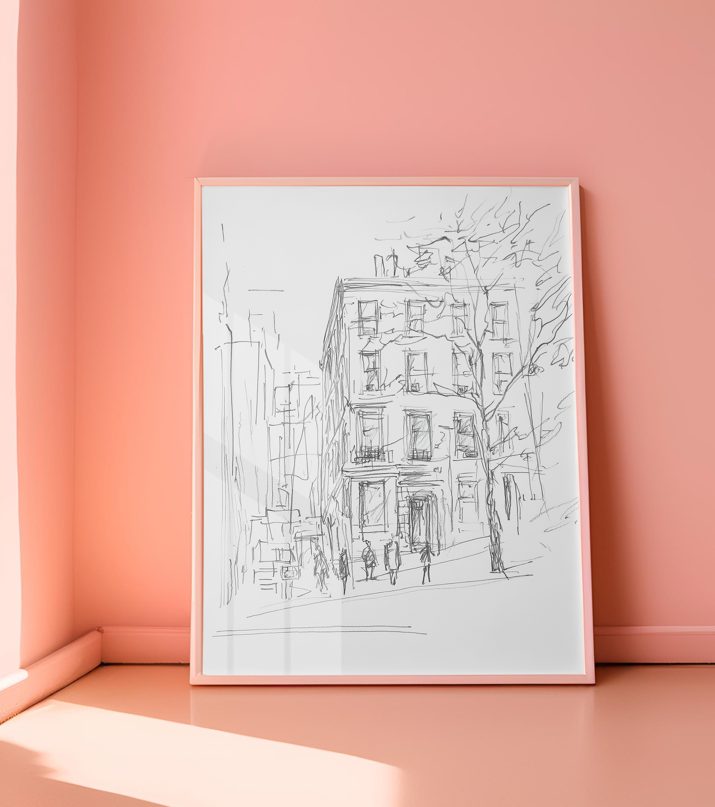 Charming Upper West Side Street Sketch - Minimalist Urban Artwork