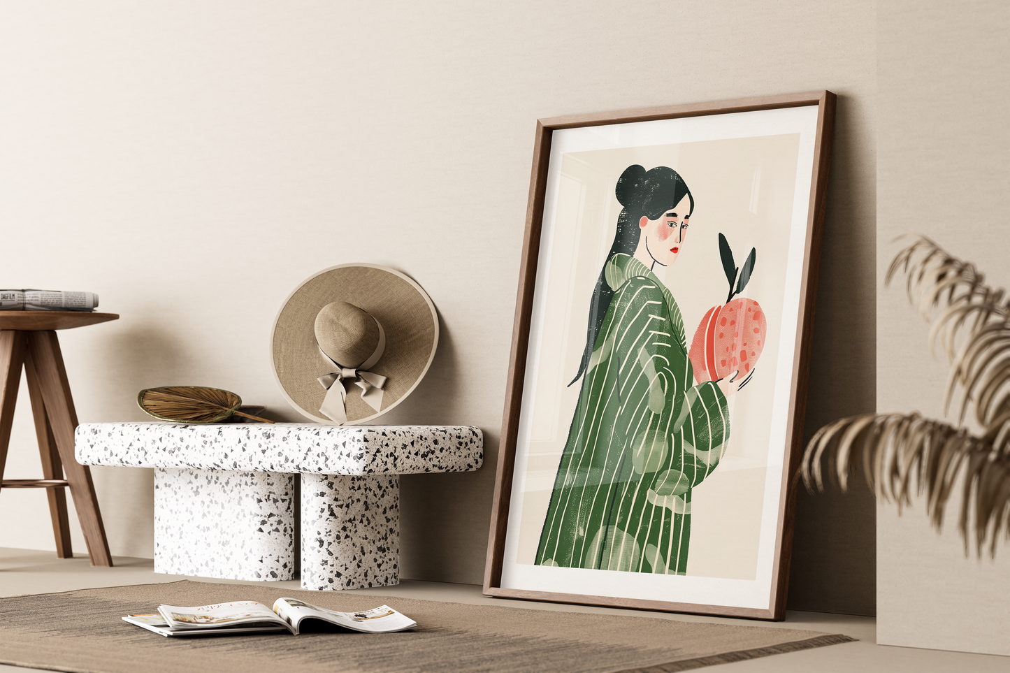 Modern Woman with Peach Art Print - Chic & Stylish Illustration