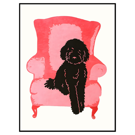Black Labradoodle on Pink Couch