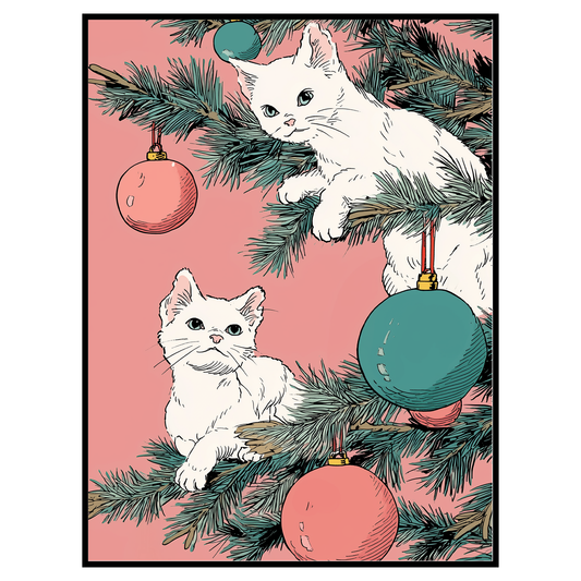 Christmas Kitten Tree Art – Pink Cat Holiday Print