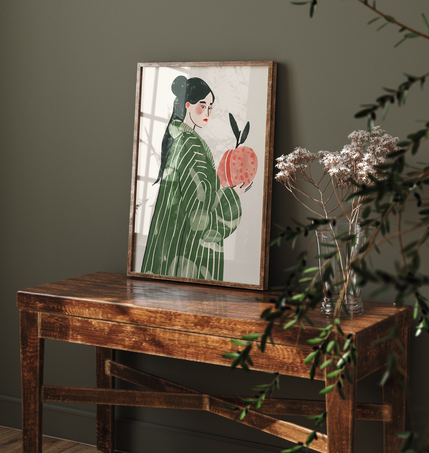 Modern Woman with Peach Art Print - Chic & Stylish Illustration