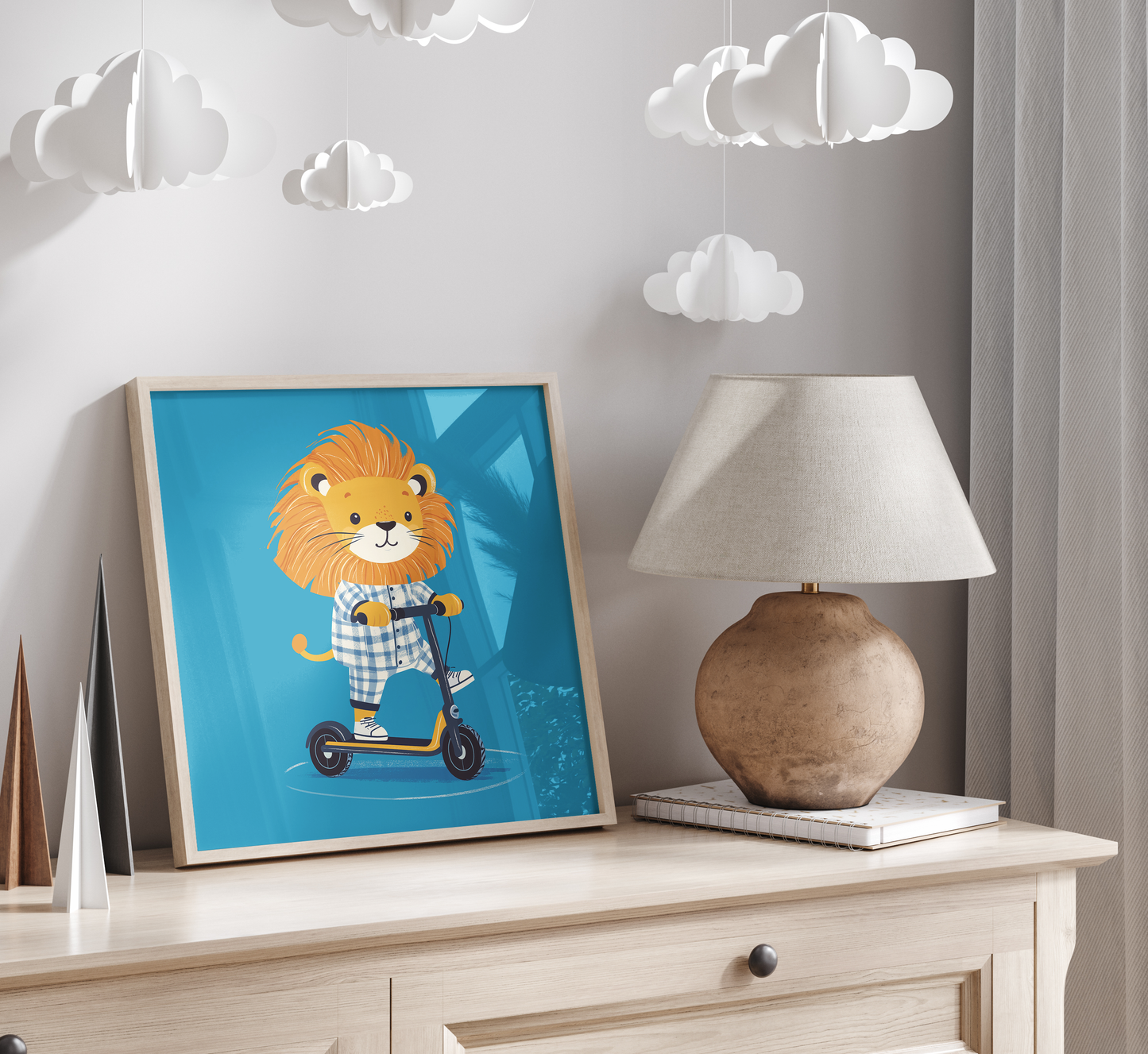 Cute Lion on Scooter - Kids Room Art Print