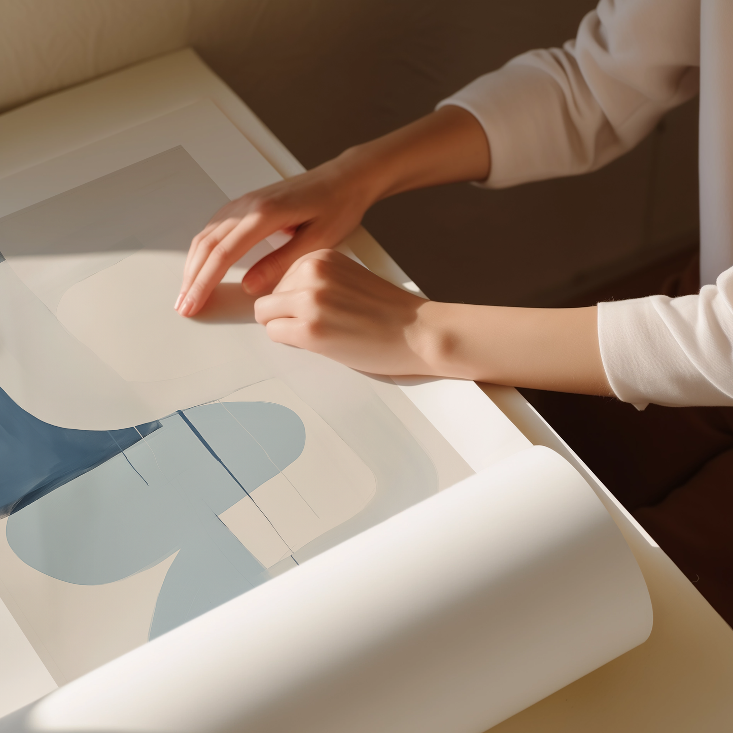 Abstract Blue and Beige Print - Modern Blue and White Fluid Shapes