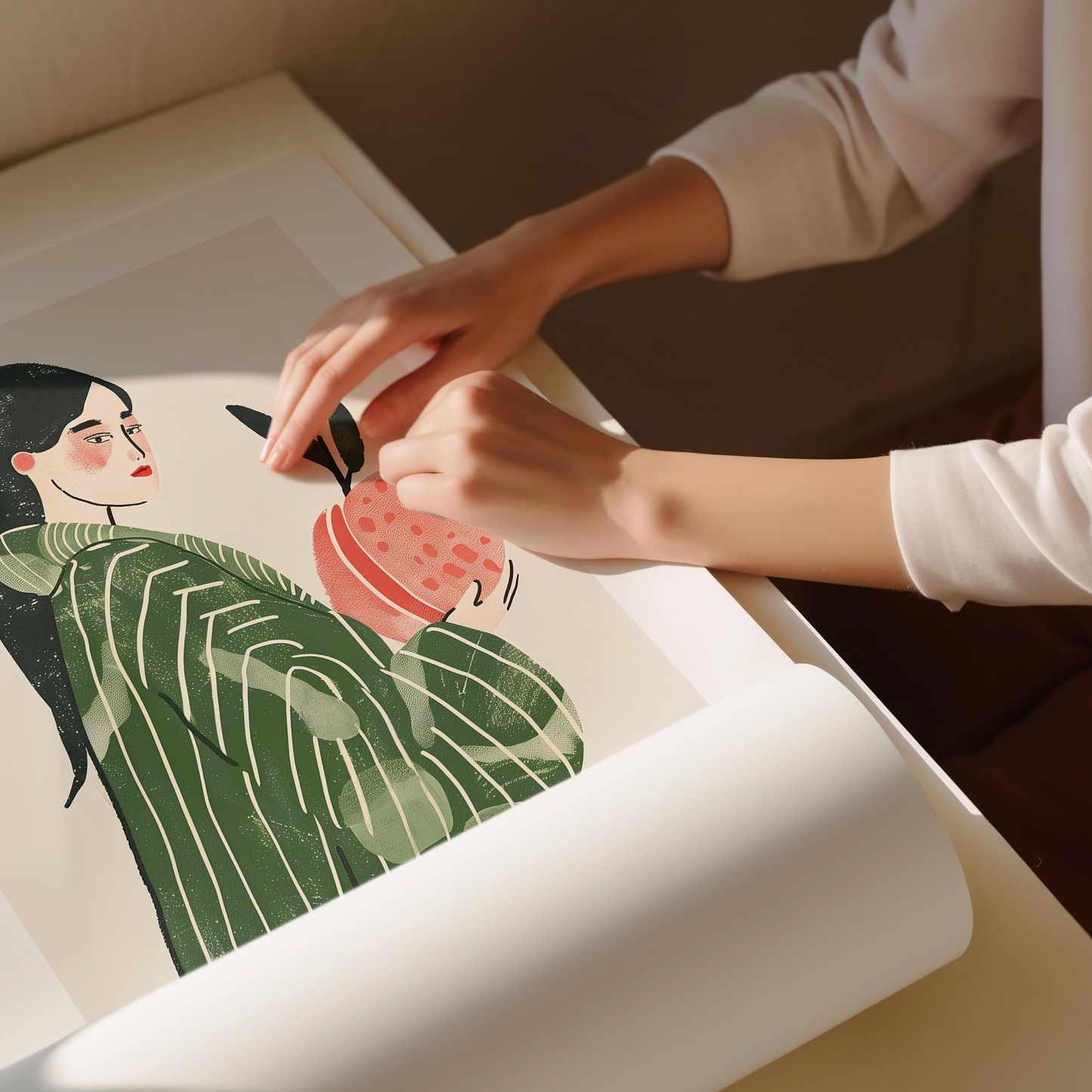 Modern Woman with Peach Art Print - Chic & Stylish Illustration