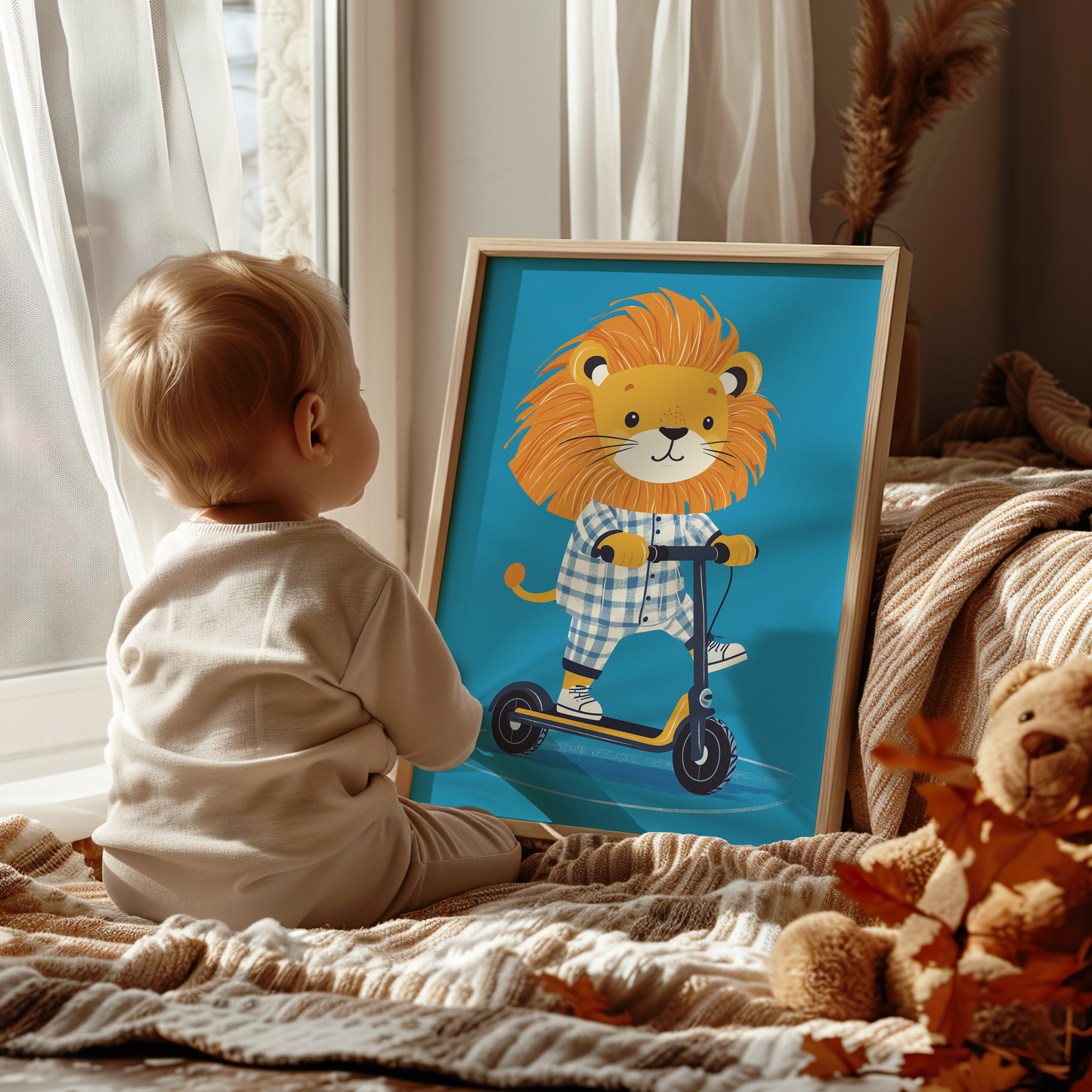 Cute Lion on Scooter - Kids Room Art Print