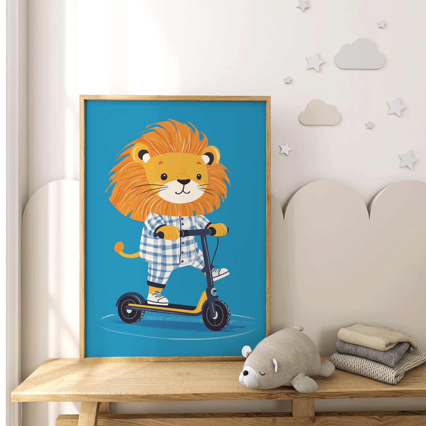Cute Lion on Scooter - Kids Room Art Print