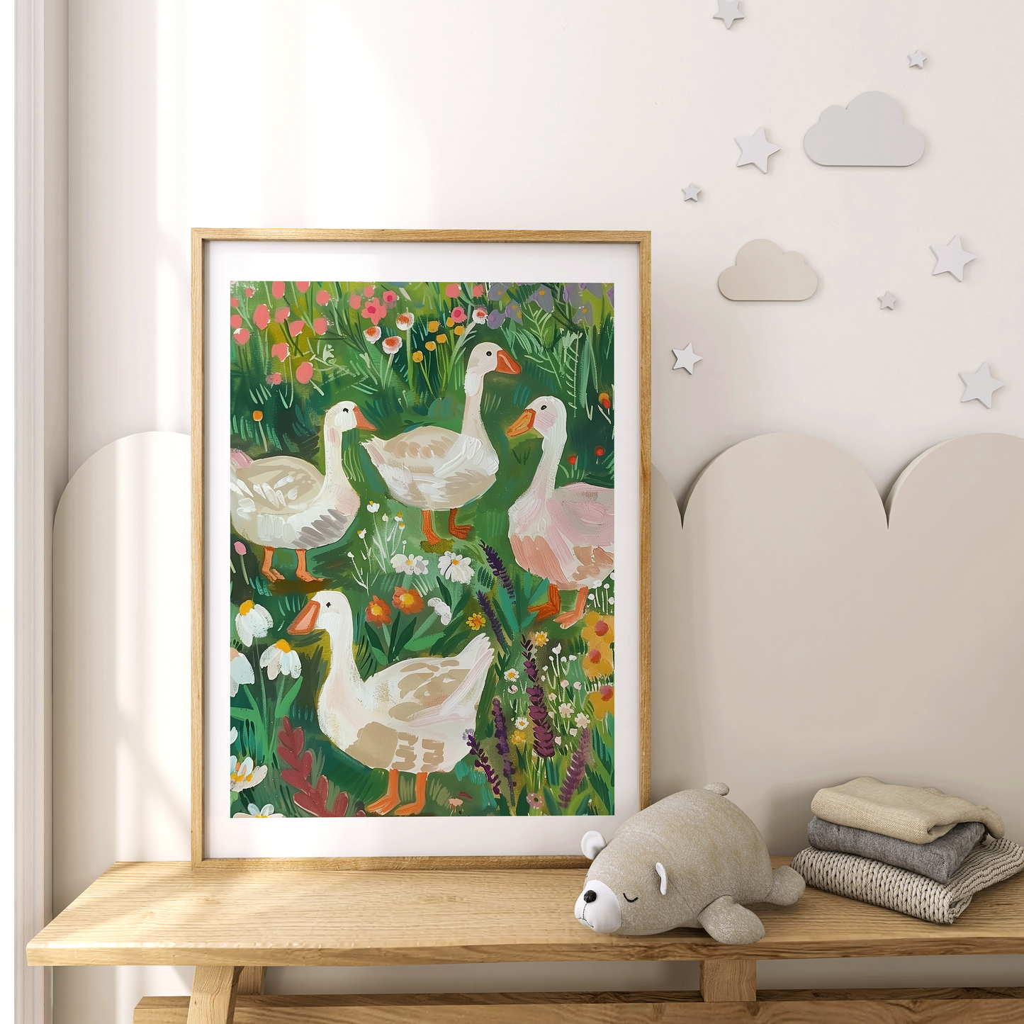 Whimsical Farmhouse Duck Art Print - Spring Floral Geese Painting