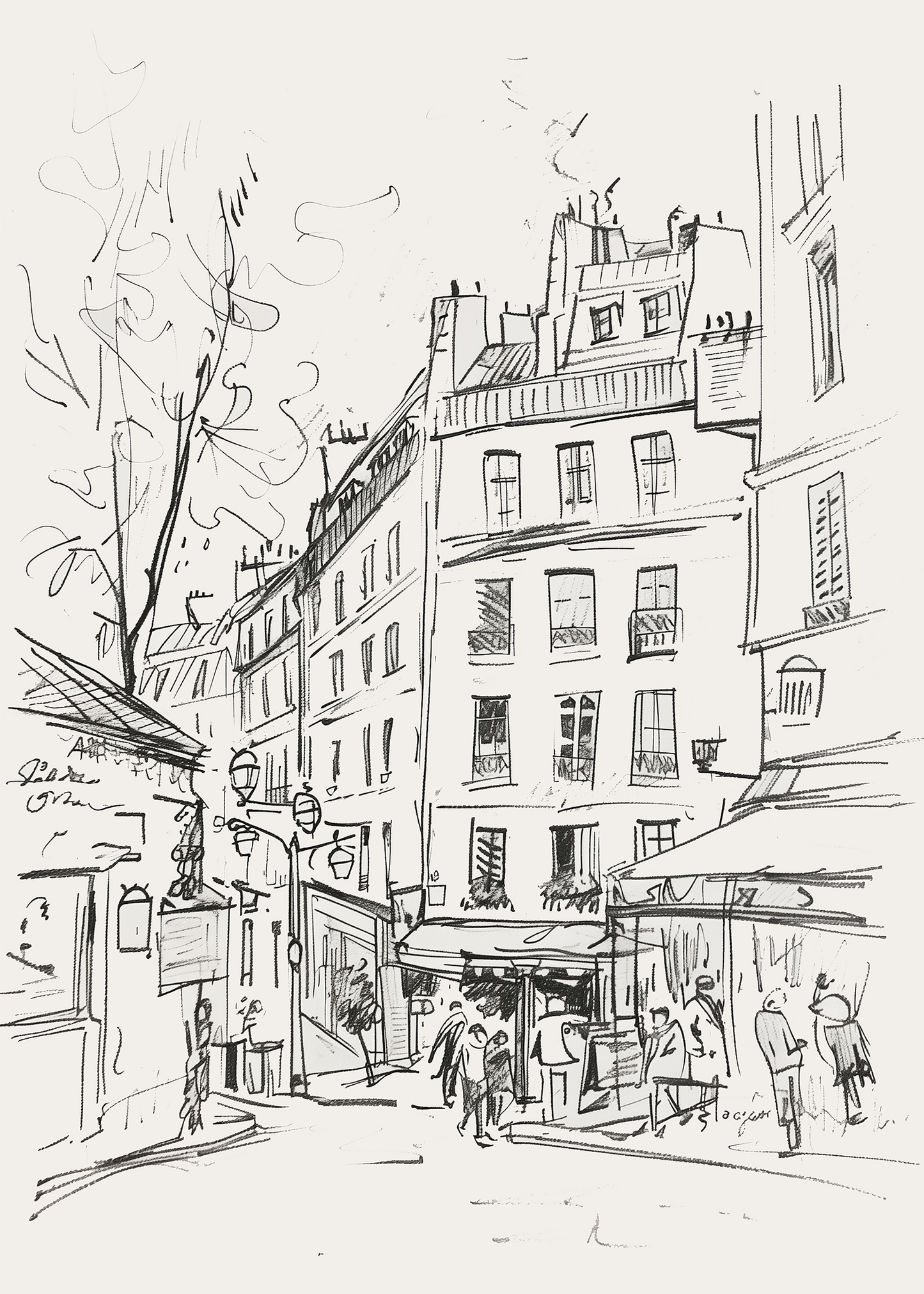 Charming Paris Street Scene Sketch - Minimalist Urban Decor